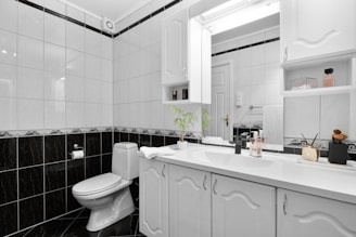 A black and white bathroom with a toilet and sink