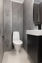 A white toilet sitting next to a white sink
