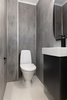 A white toilet sitting next to a white sink
