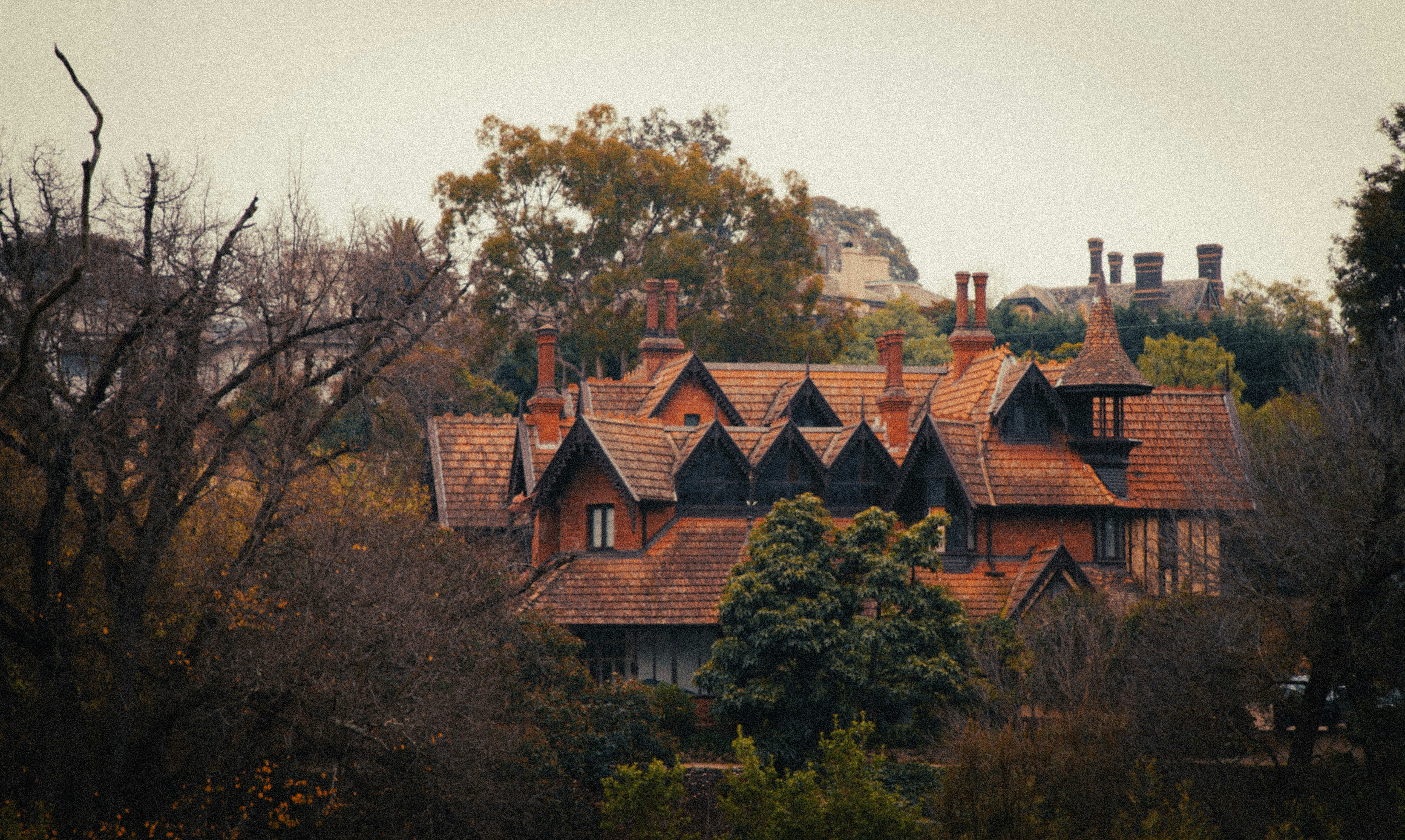 A large brown house surrounded by trees