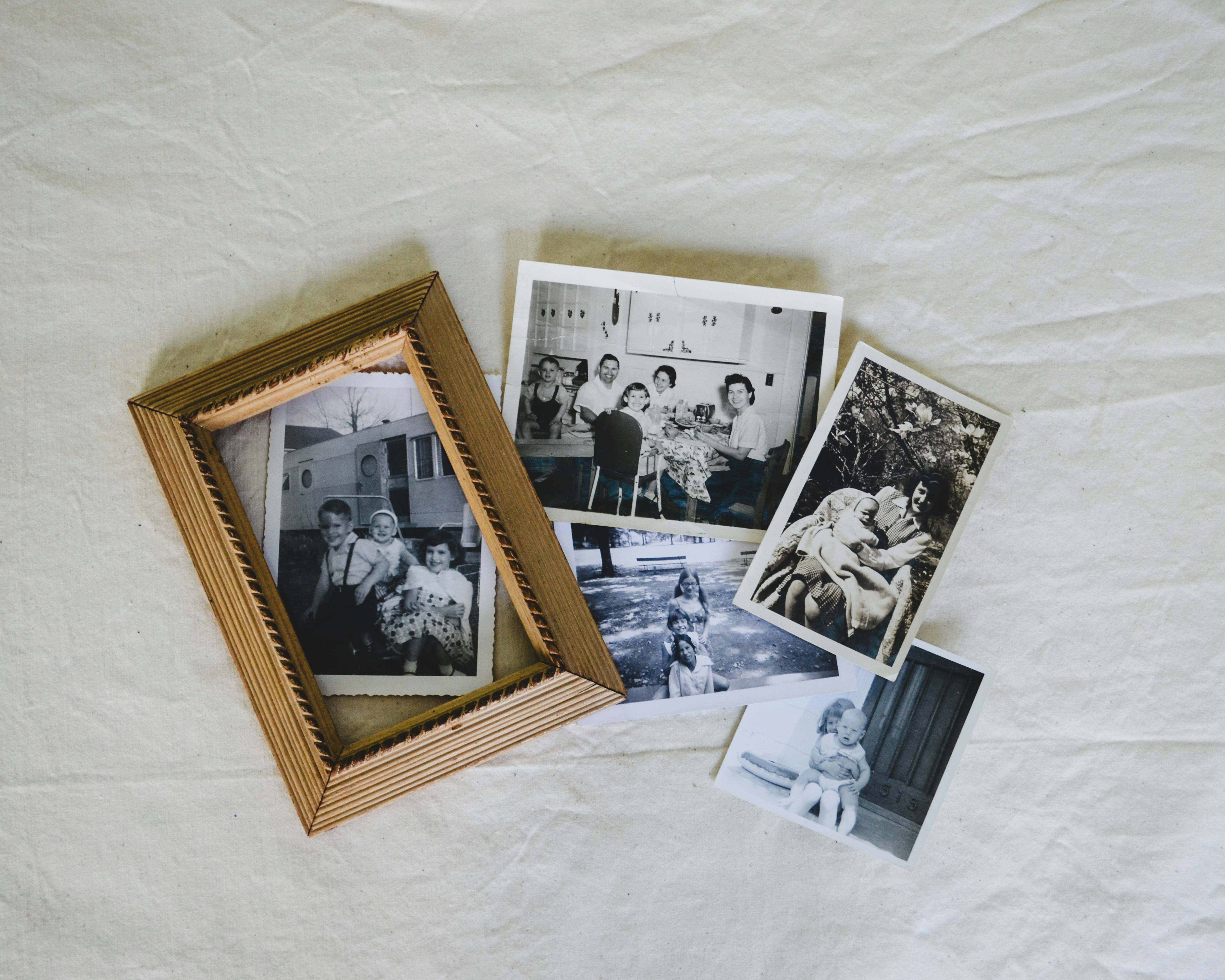 A collection of family photos laid out for memory curation