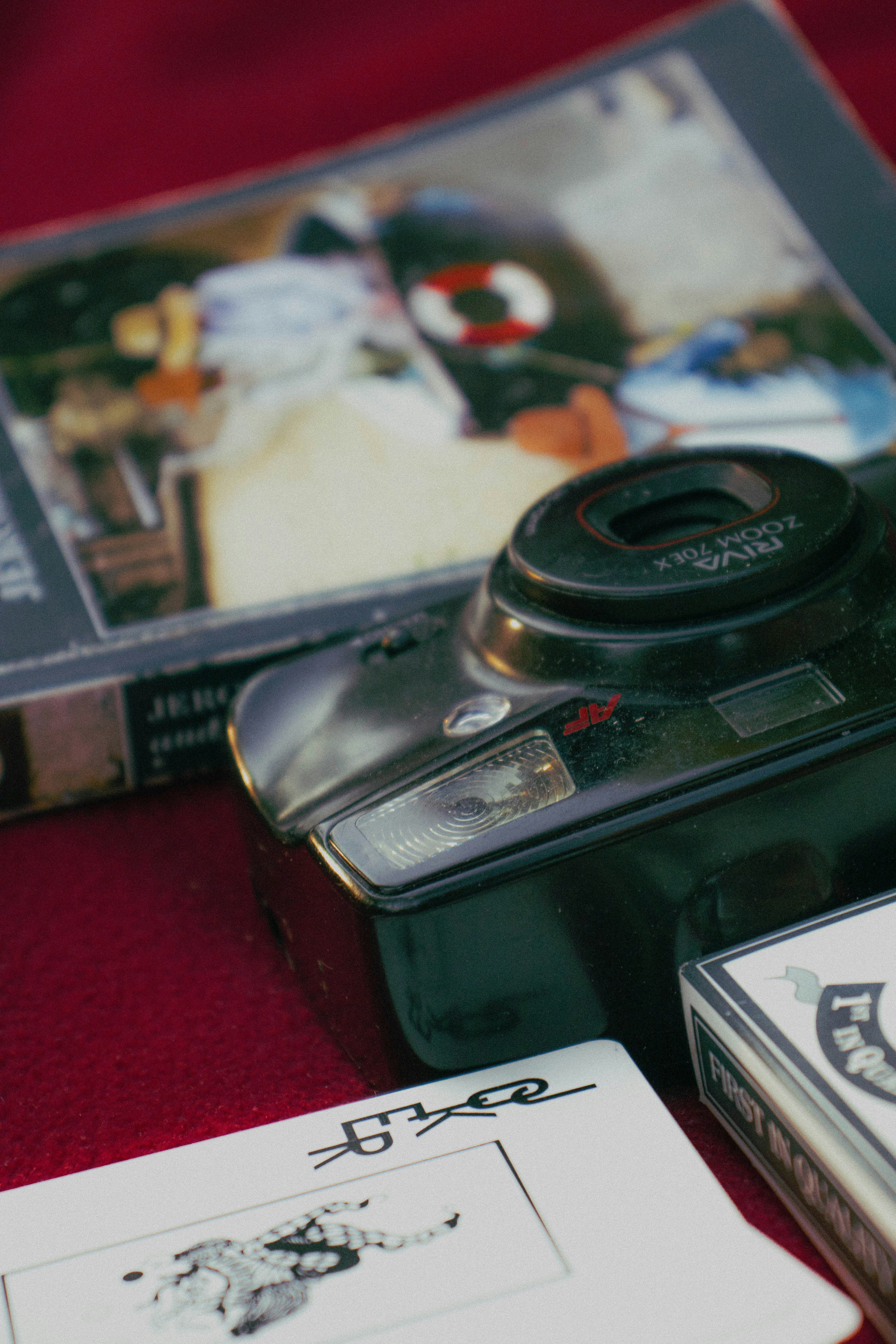 A camera sitting on top of a table next to a book