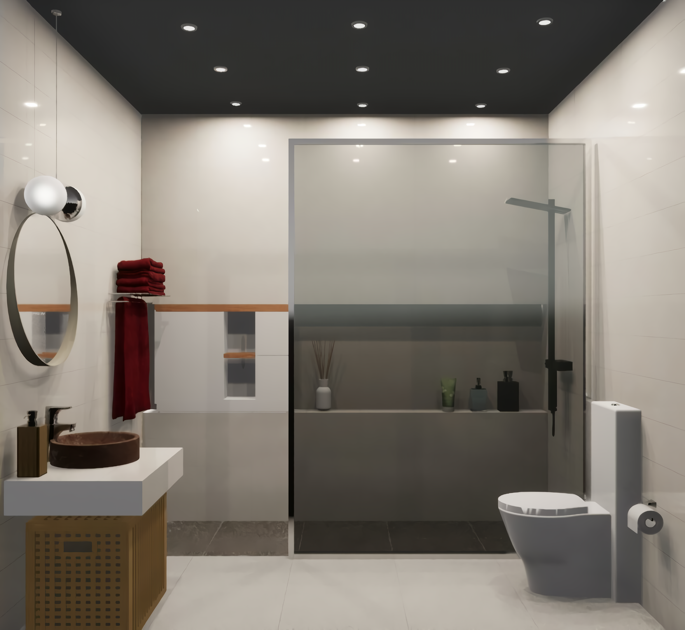 A bathroom with a toilet a sink and a mirror