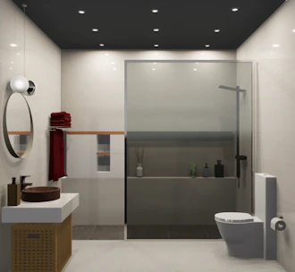 A bathroom with a toilet a sink and a mirror