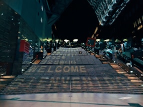 A large open area with a sign that says welcome