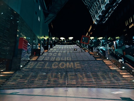 A large open area with a sign that says welcome