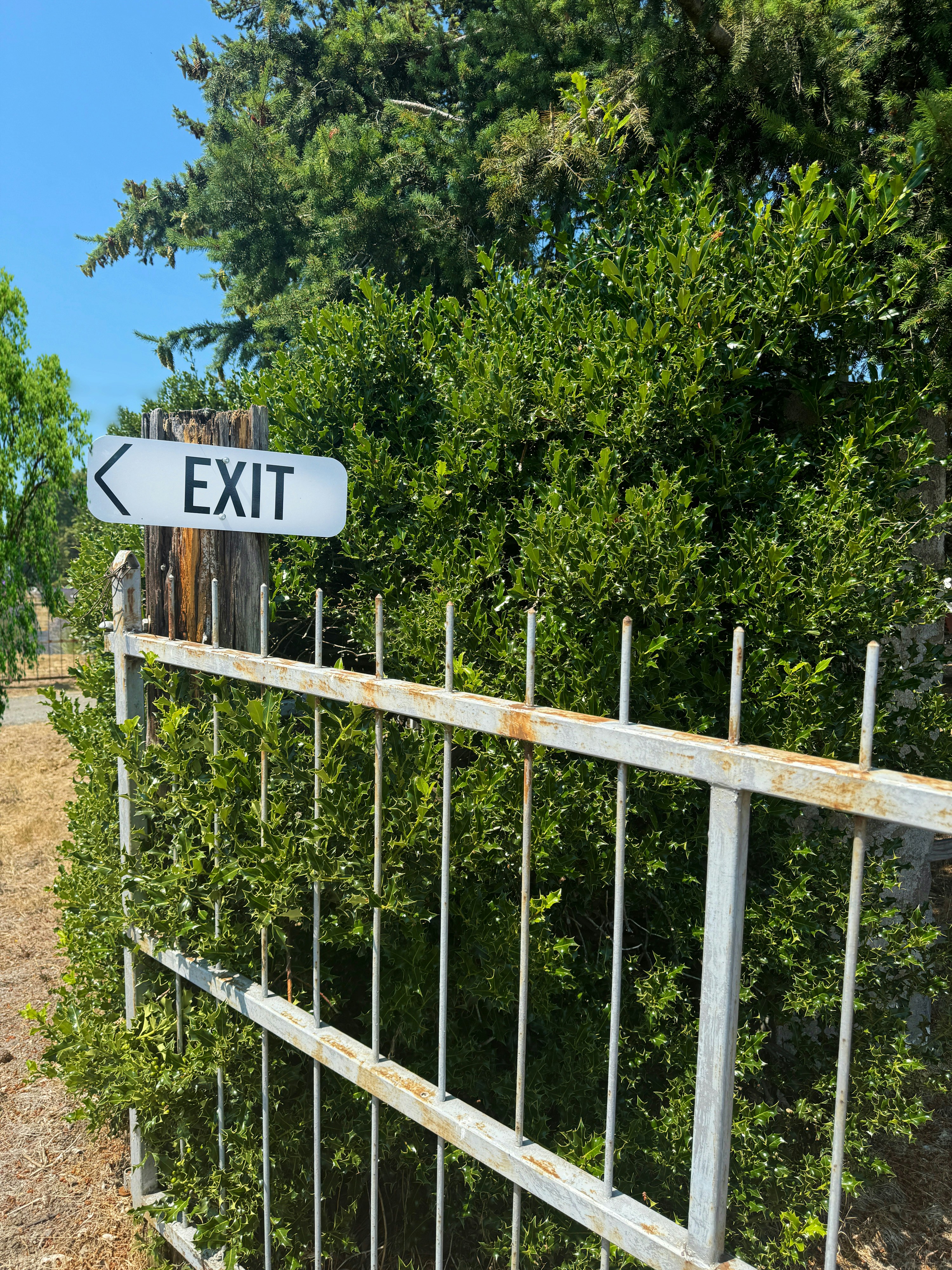 A white exit sign sitting on the side of a road