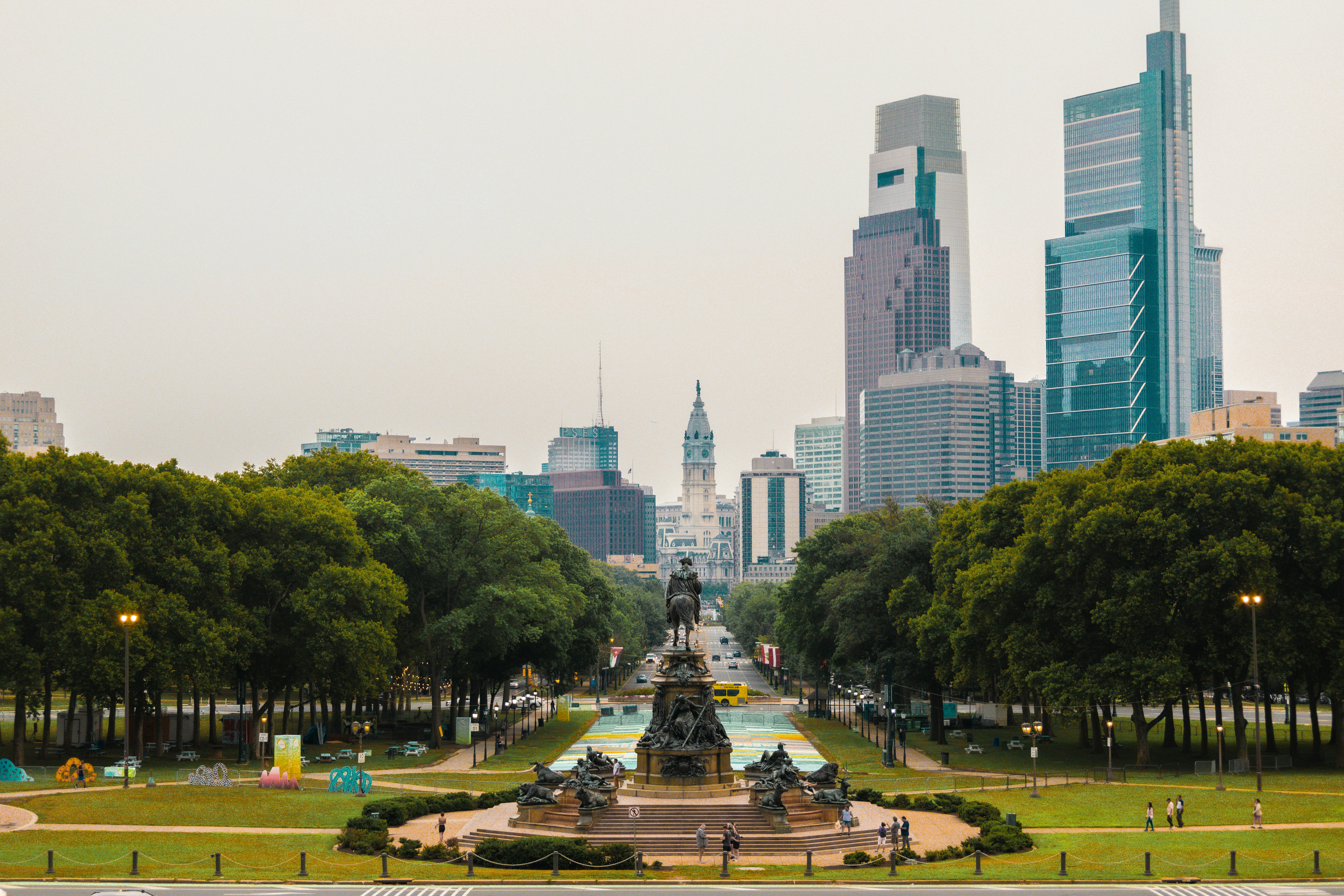 A park with a fountain in the middle of it