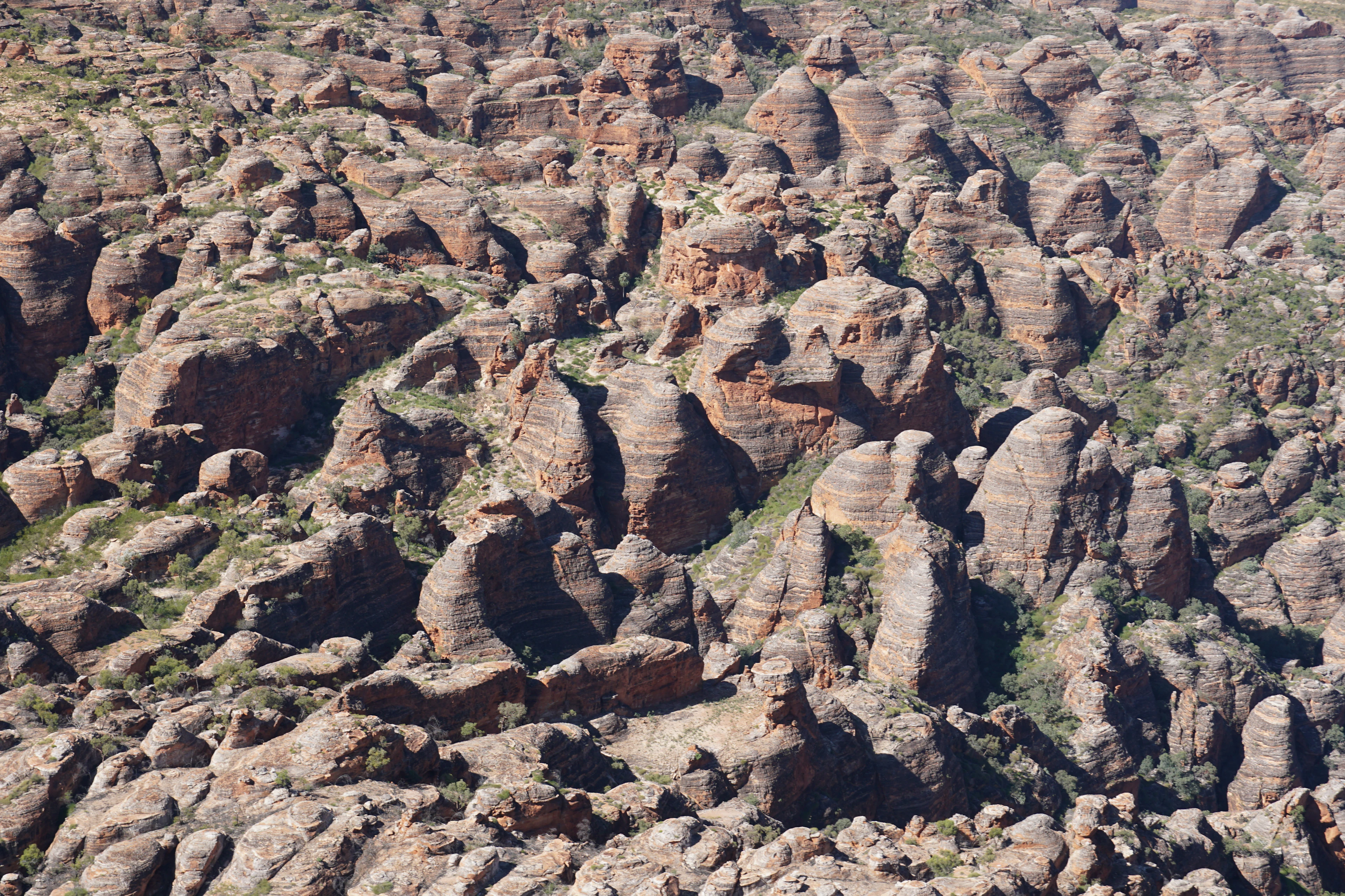The striped sandstone domes of Purnululu National Park seen from a helicopter, the Kimberley, Western Australia