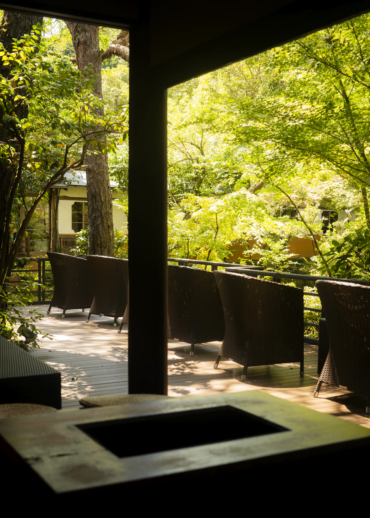 A tranquil terrace at a traditional ryokan in Izu, Japan