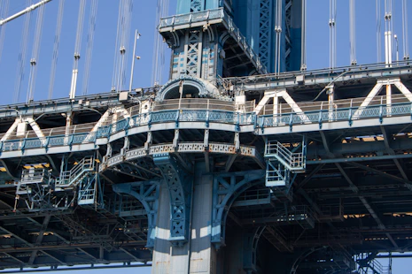 A tall bridge with a blue sky in the background