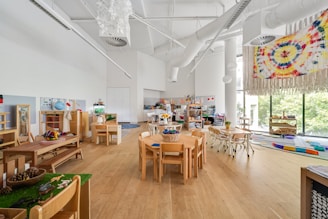 A room filled with lots of wooden tables and chairs