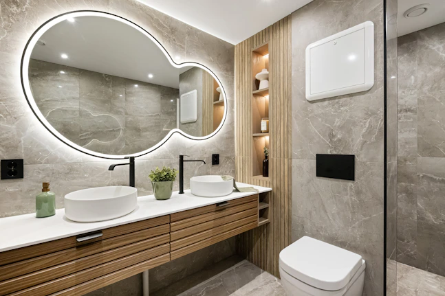 A bathroom with a large round mirror above the sink