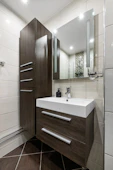 A bathroom with a sink and a mirror