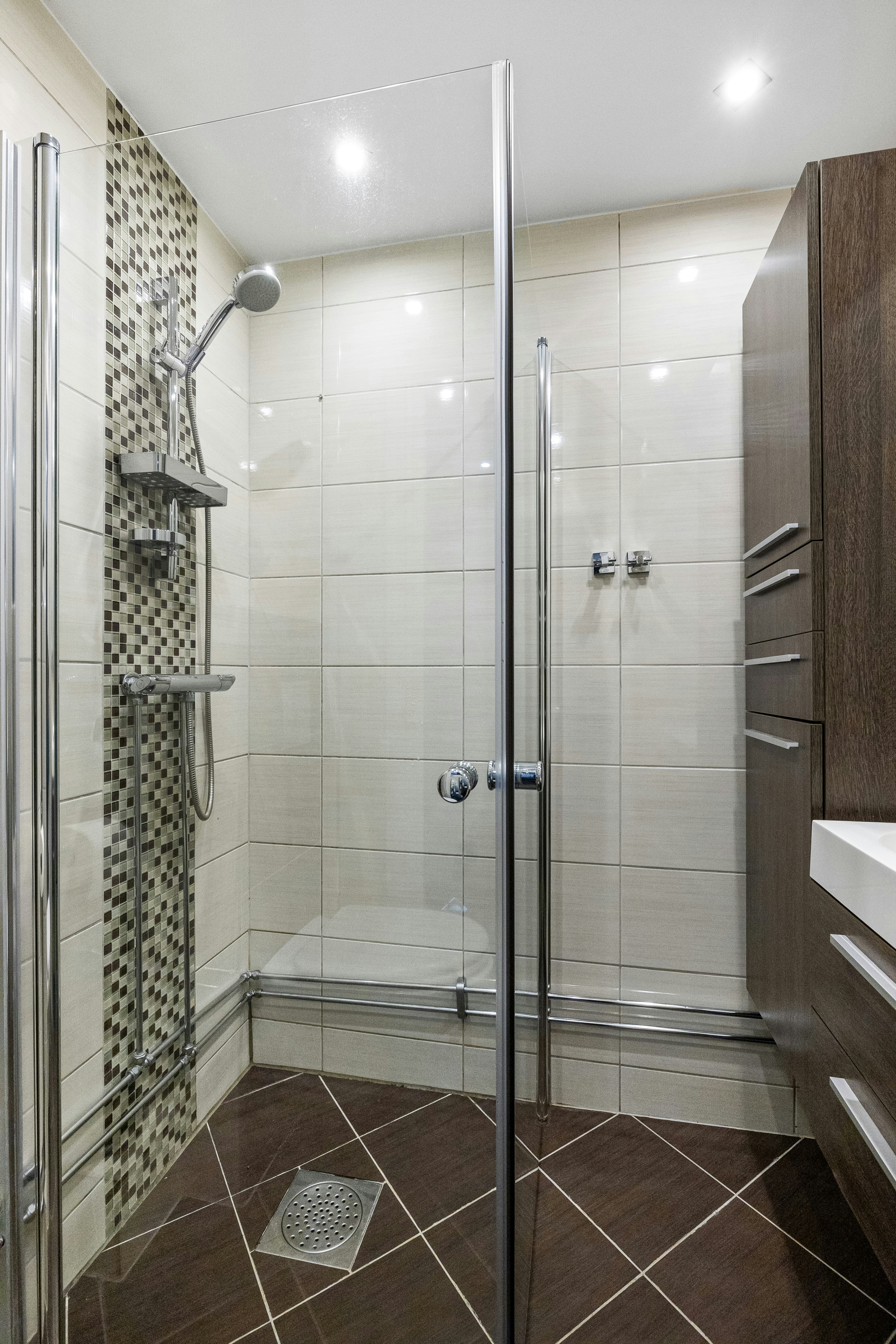 A bathroom with a walk in shower next to a sink