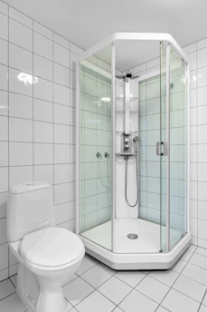 A bathroom with a toilet, shower, and sink