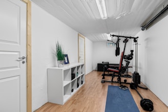 A home gym with a blue mat and exercise equipment