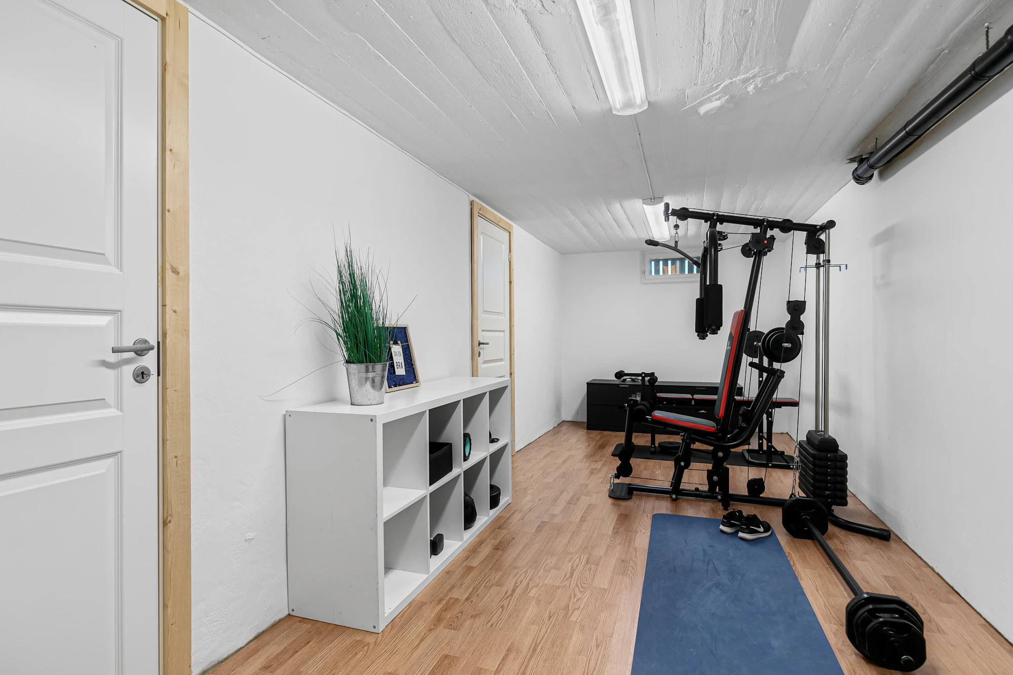 Salle de sport à domicile avec tapis bleu, haltères et équipement de fitness moderne