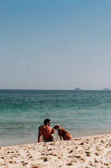 A man and a dog are sitting on the beach