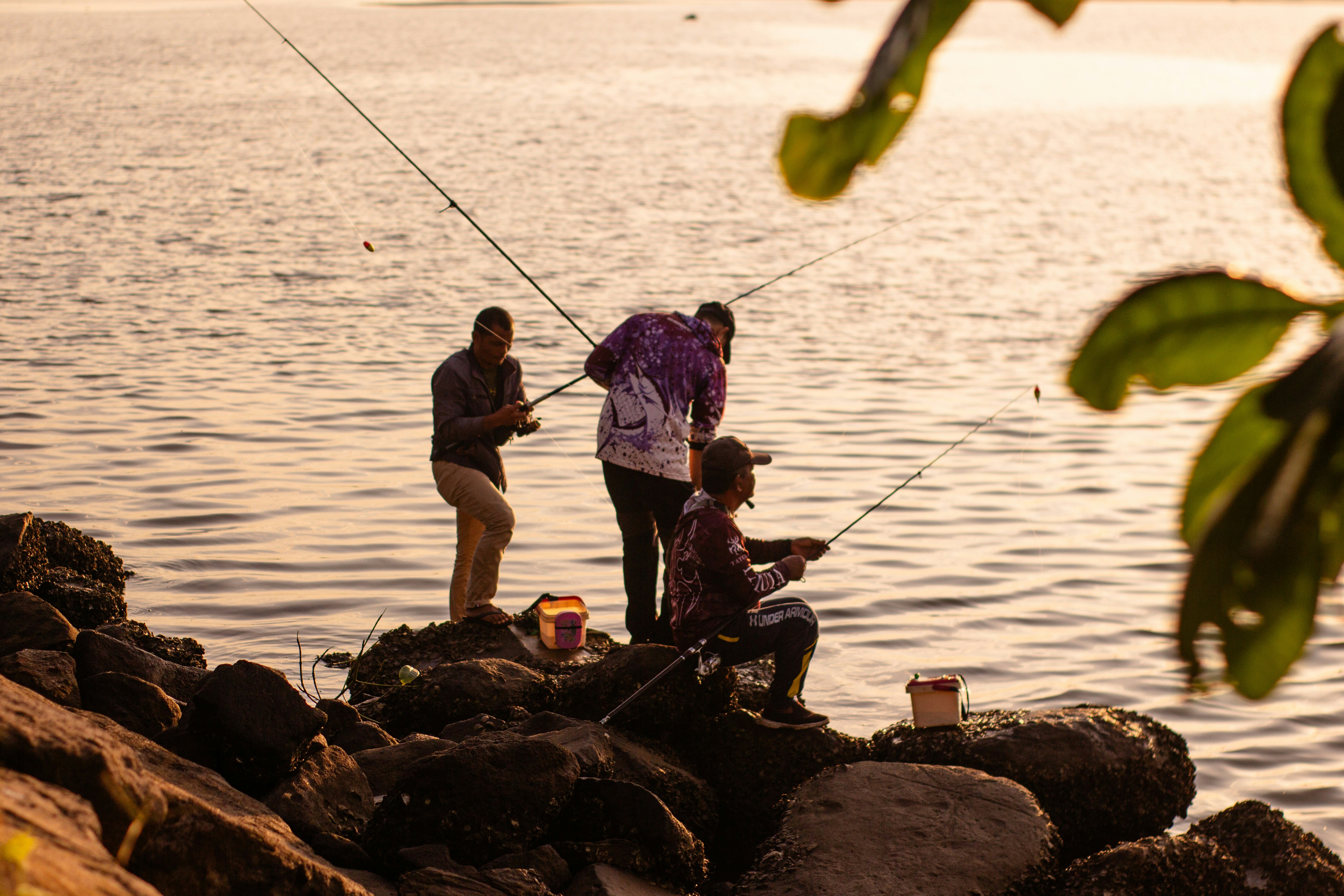 A group of people standing on top of a rocky shore