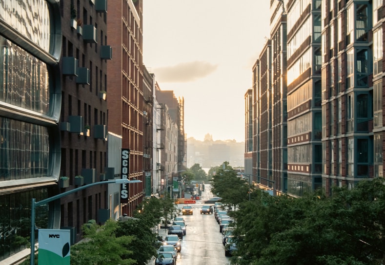 A city street filled with lots of tall buildings