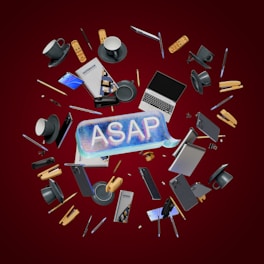 A circle of assorted electronic devices on a red background
