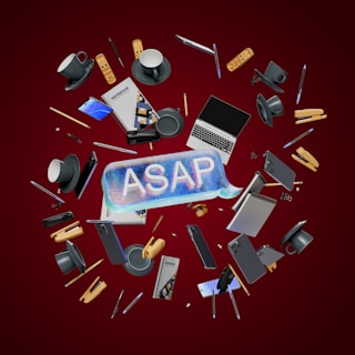 A circle of assorted electronic devices on a red background