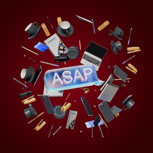 A circle of assorted electronic devices on a red background