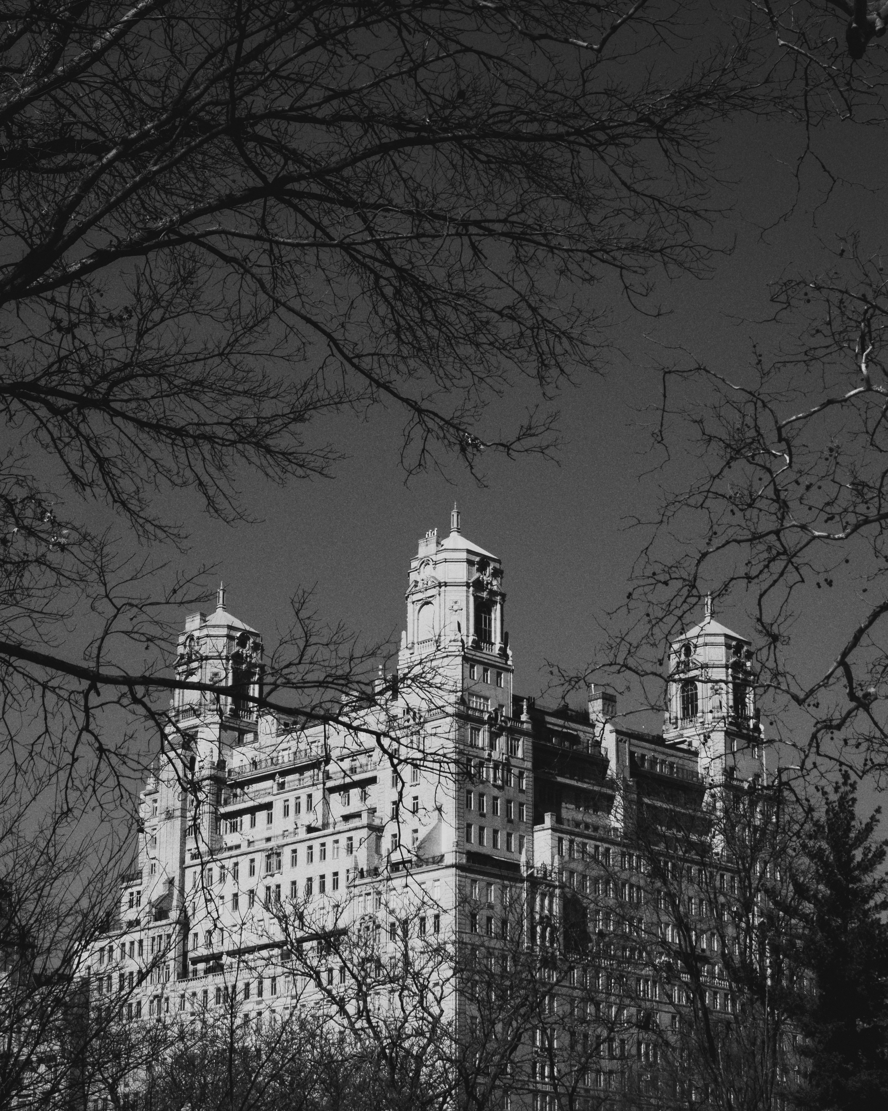 A black and white photo of a large building