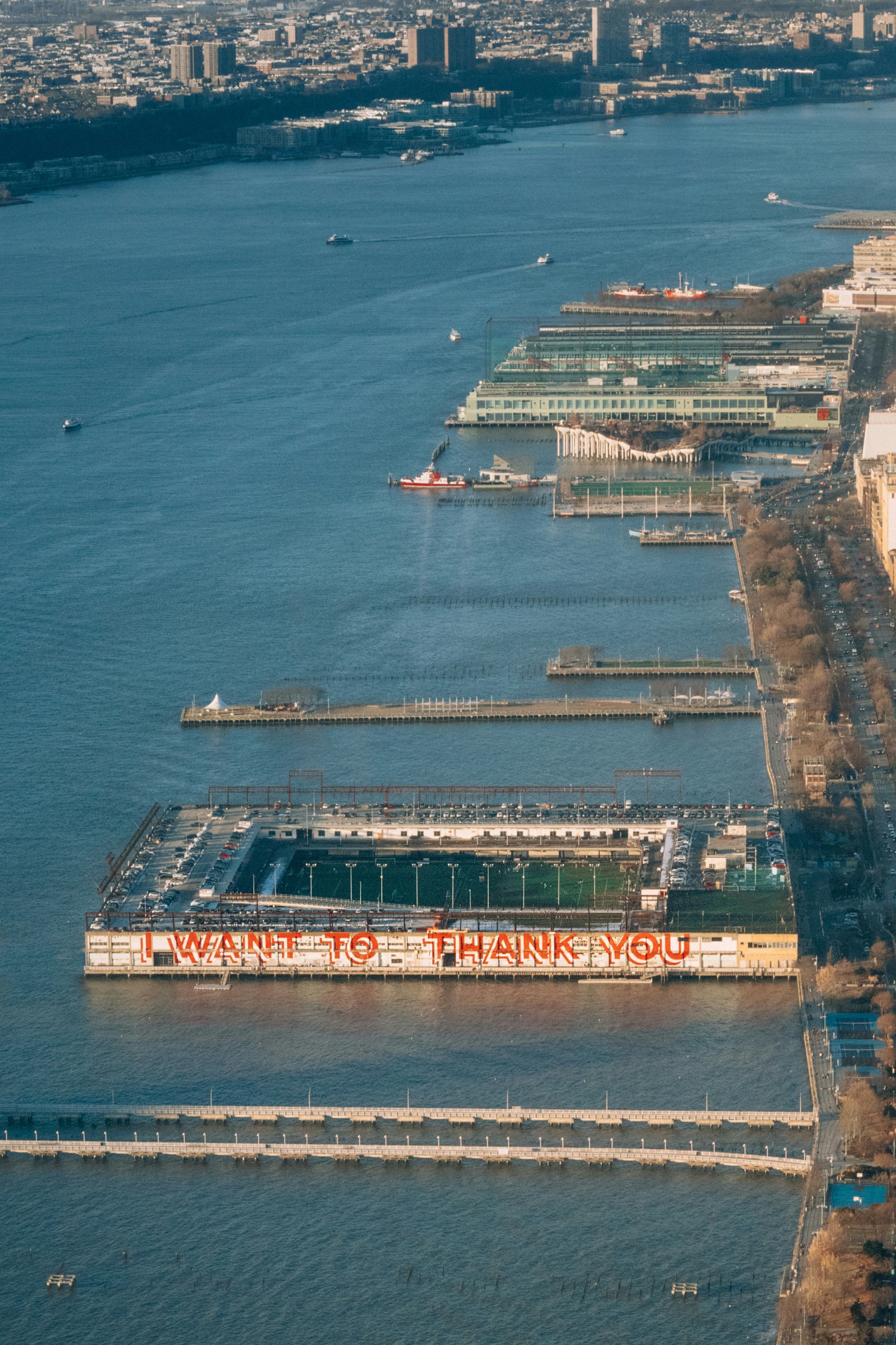 An aerial view of a large body of water