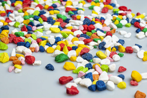 A pile of multicolored marshmallows on a table