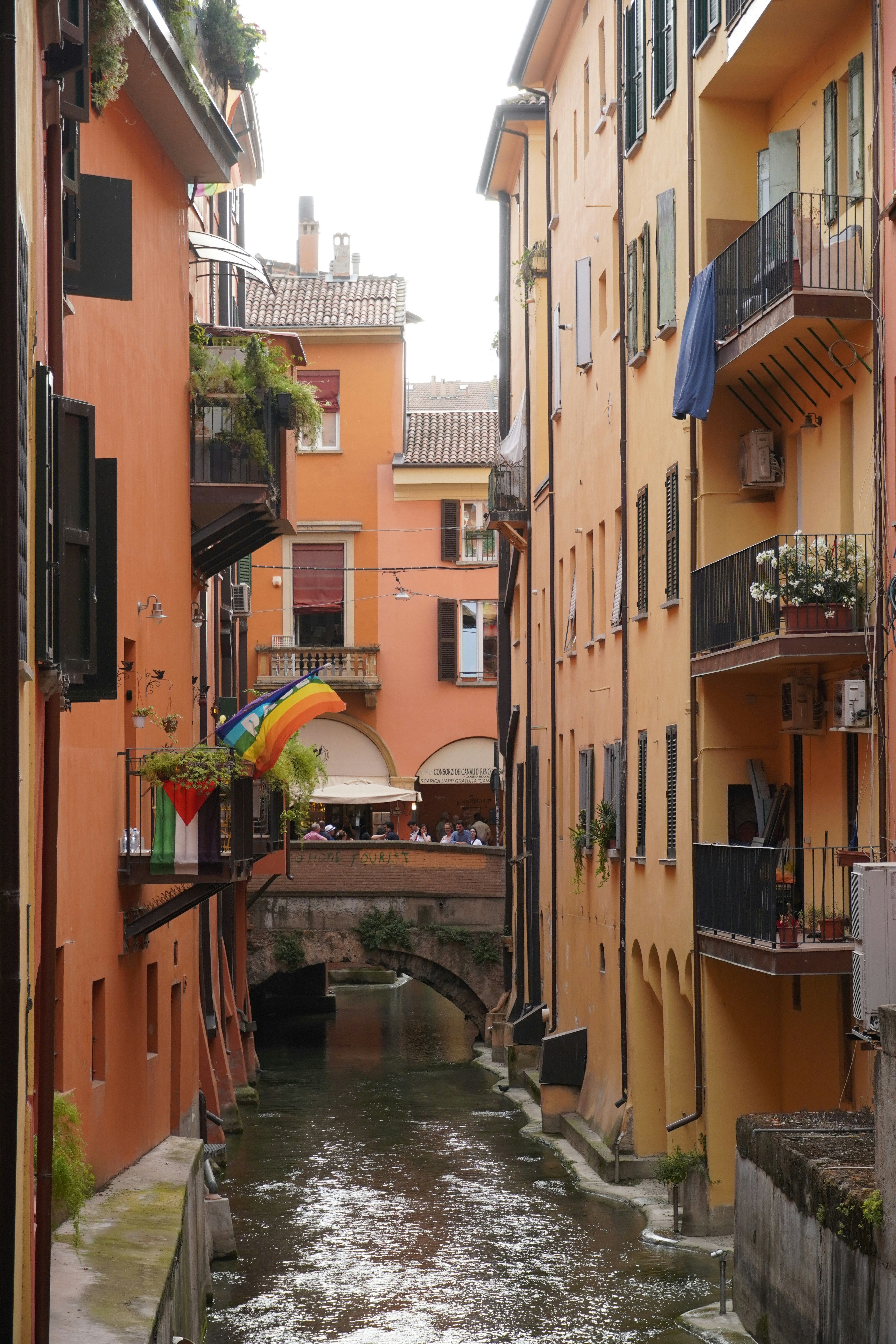 A river running through a narrow alley way