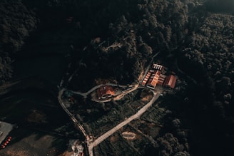 An aerial view of a building in the middle of a forest