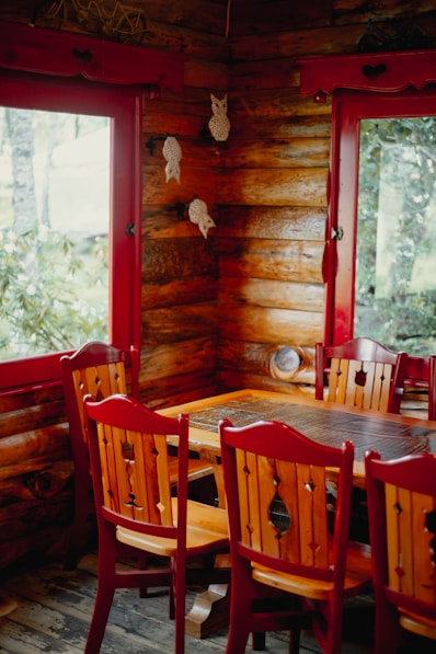 A table and chairs in a room with wooden walls