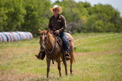 A man riding on the back of a brown horse