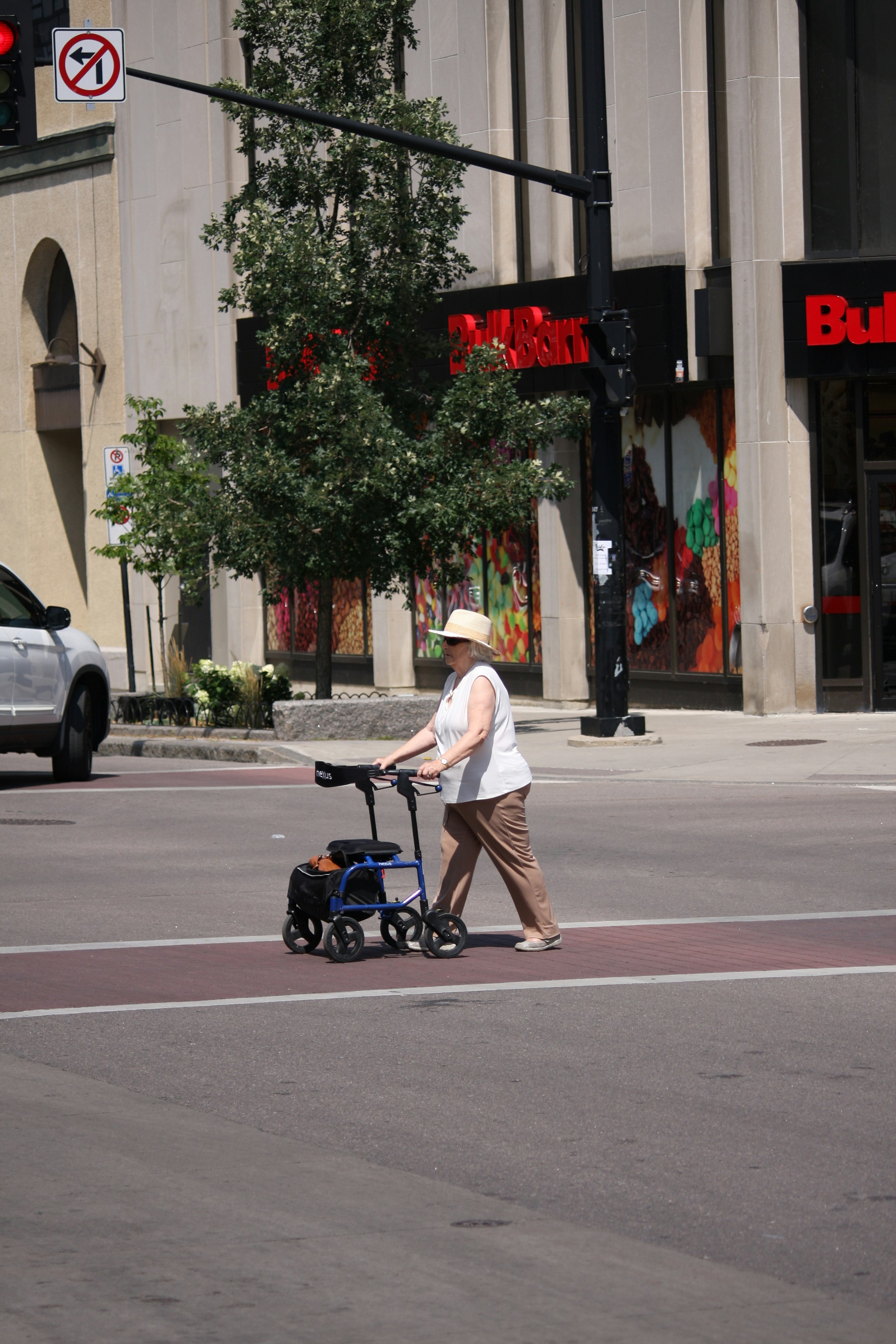 A woman pushing a stroller across a street