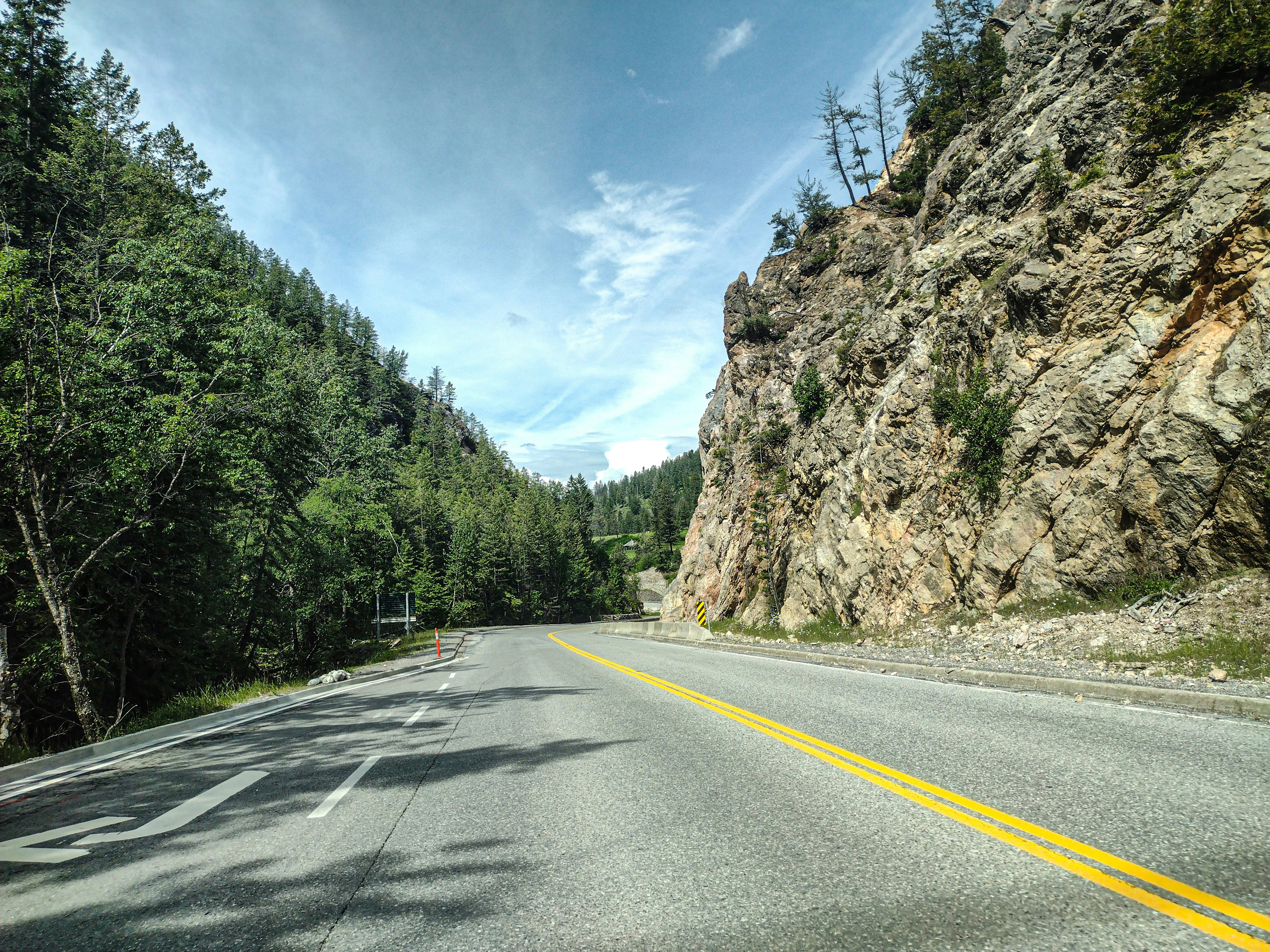 A car driving down a mountain road next to a forest