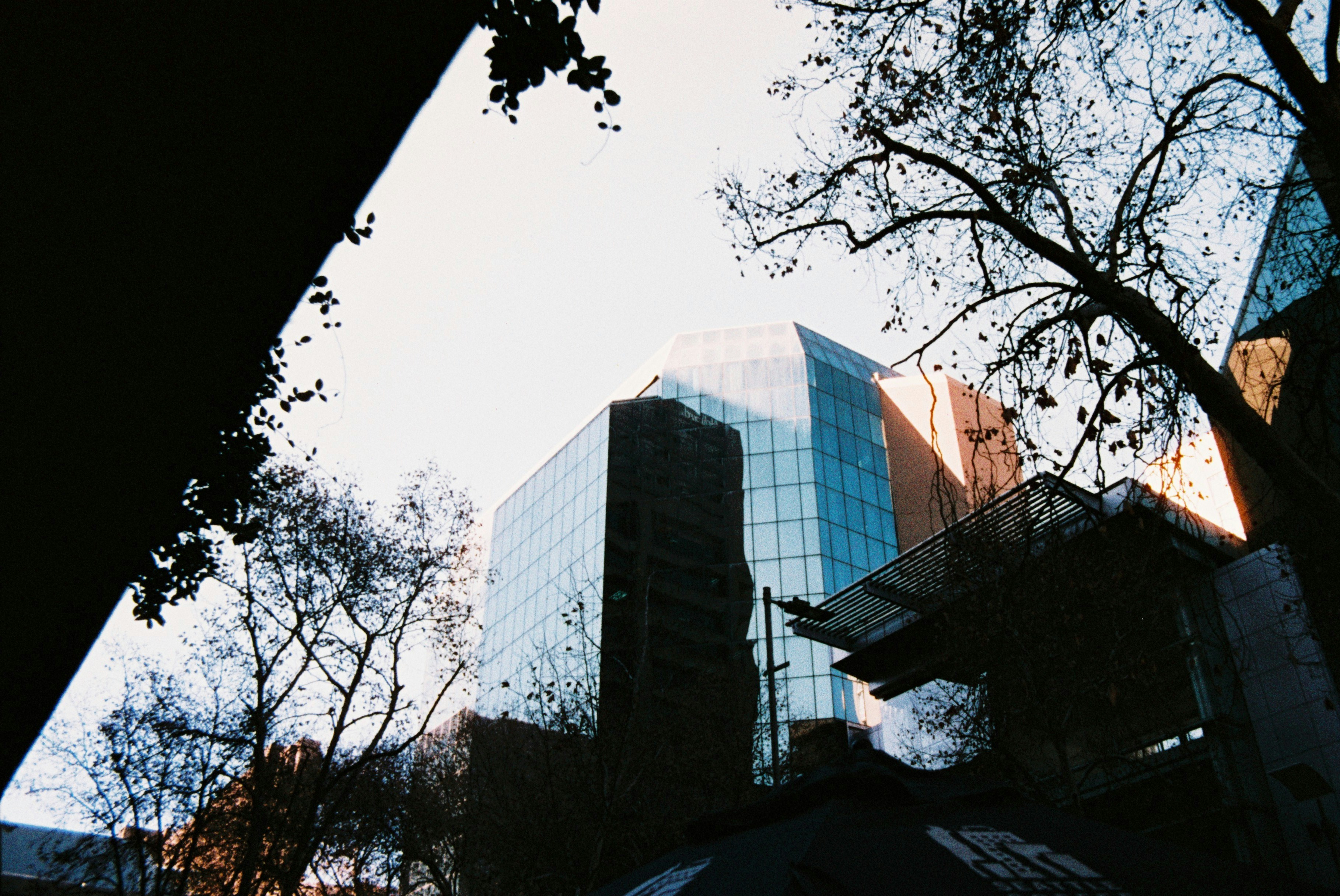 Blick auf ein hohes Gebäude vom Boden aus