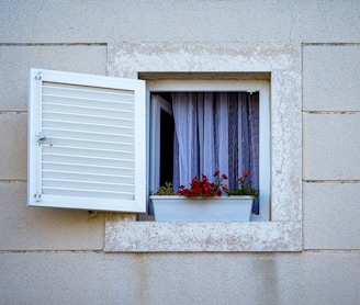 A window with a flower box and curtains