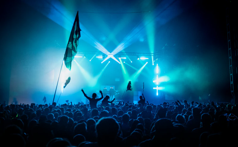 Festival main stage with a crowd in front