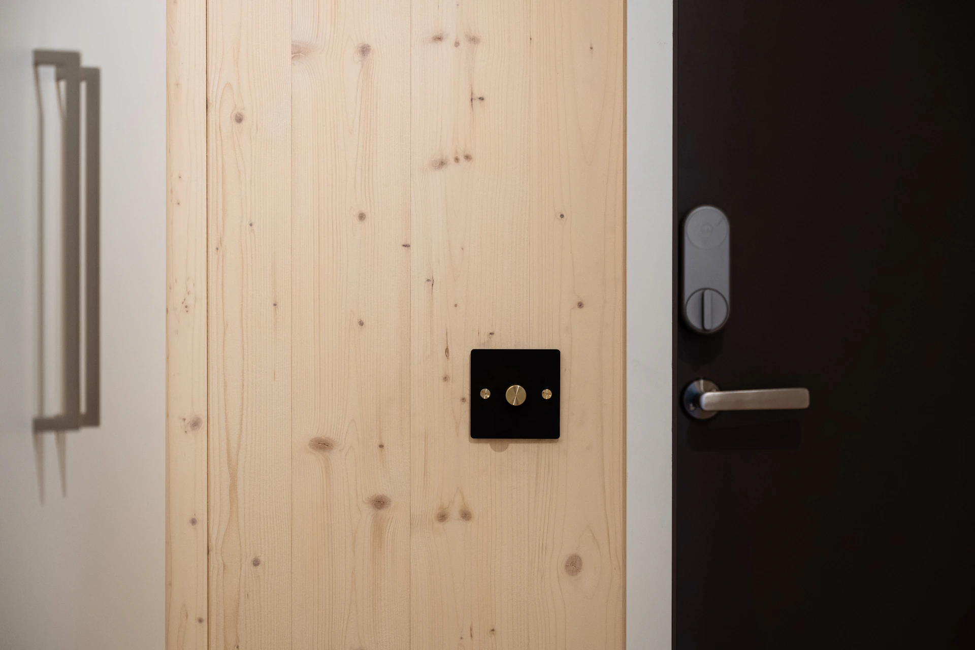 A door with a black handle and a white door