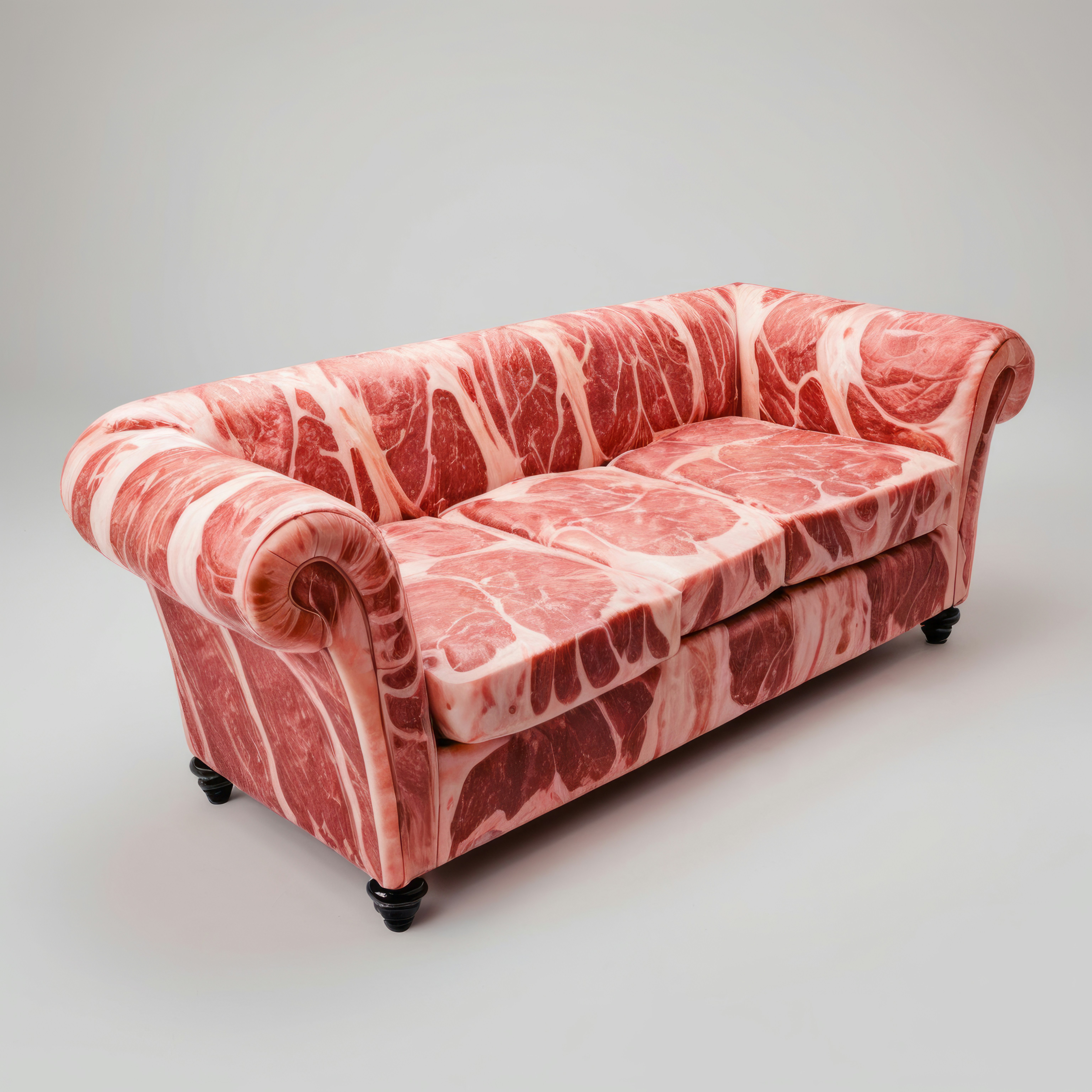 A pink couch with a pattern on it