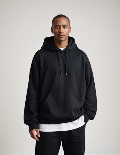 A man standing in front of a white wall wearing a black hoodie