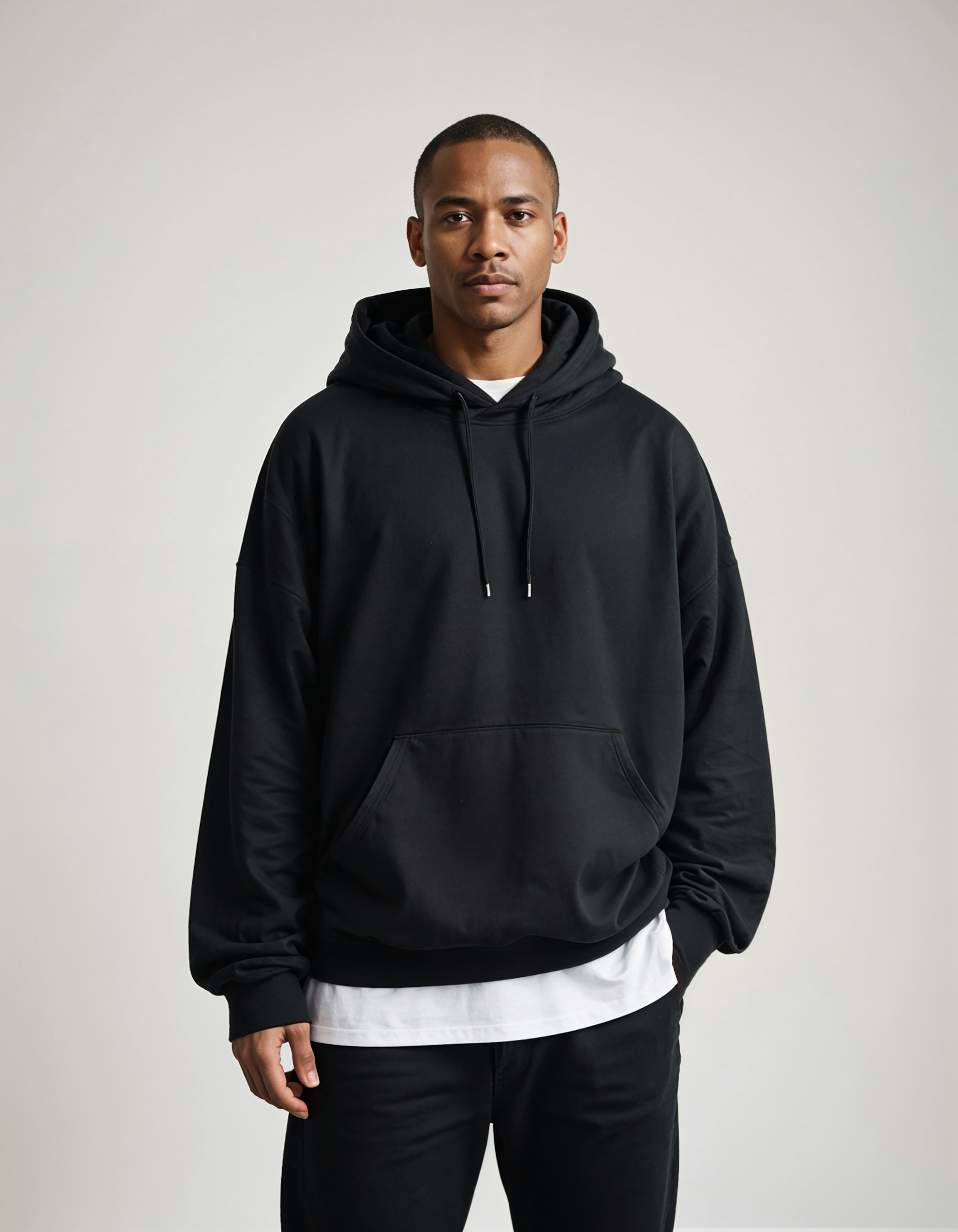 A man standing in front of a white wall wearing a black hoodie