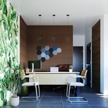 A room with a desk, chairs and a plant