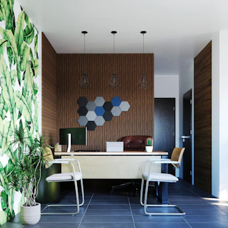 A room with a desk, chairs and a plant