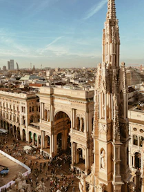 An aerial view of a large building with a clock tower