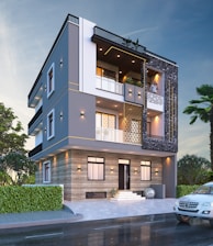 A car is parked in front of a two story building