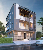 A car is parked in front of a two story building