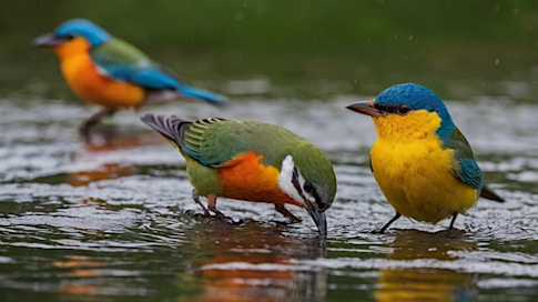 A group of colorful birds standing on top of a body of water